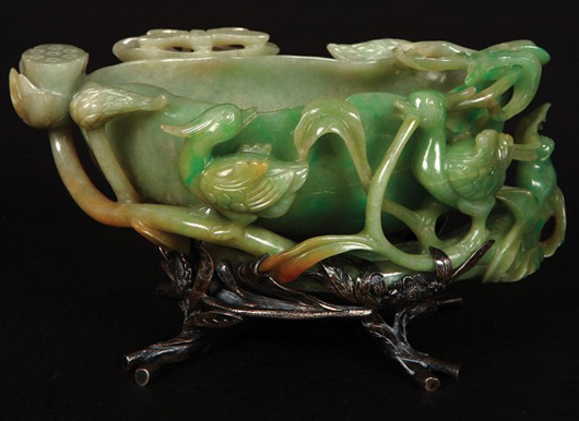 Large jadeite water cup, mid-Qing Dynasty, sliver mounts signed ‘Edward Farmer, New York,’ 8 5/8 inches long by 5 inches high. Estimate: $100,000-$150,000. Image courtesy of Golden State Auction Gallery Inc. 