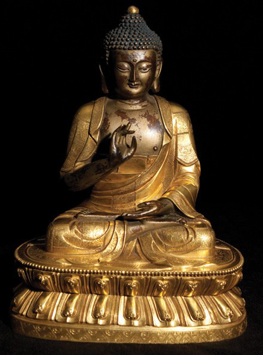 Nineteenth century bronze figure of Dipamkar, gilt and lacquered, Qing Kangxi and of the period, 11 1/2 inches high. Estimate: $200,000-$300,000. Image courtesy of Golden State Auction Gallery Inc.
