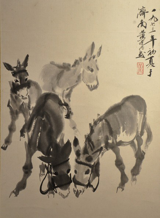 Huang Zhou (1925-1997), ‘Tending Donkeys,’ ink and color on paper, hanging scroll. 28 x 18 inches, acquired directly from the artist by previous owner. Estimate: $30,000-$50,000. Image courtesy of Golden State Auction Gallery Inc.