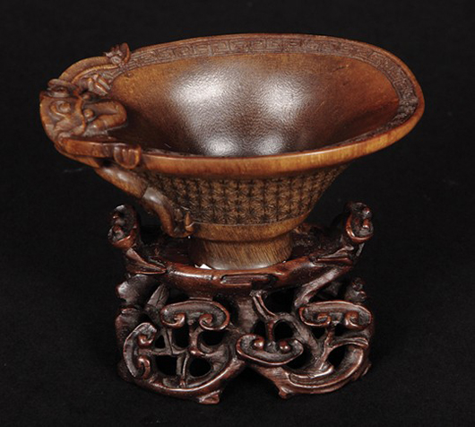 Seventeenth century rhinoceros horn cup, 17 inches high. Estimate:  $30,000-$50,000. Image courtesy of Golden State Auction Gallery Inc.