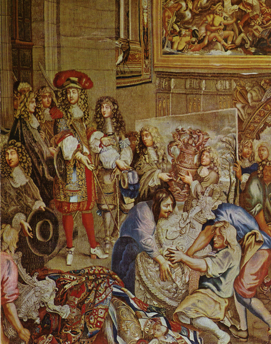 This tapestry documents the 1617 visit of Louis XIV and his brother Philippe to Les Gobelins' factory in Paris. Public domain image in the USA.