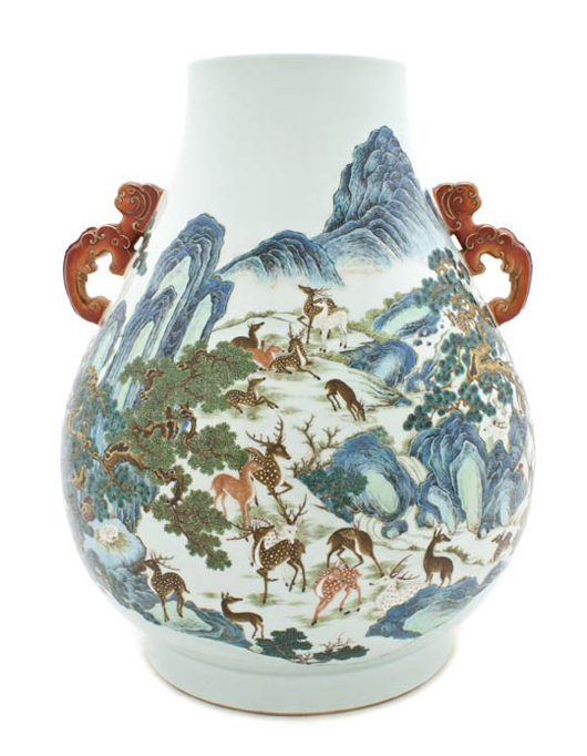 Chinese porcelain One Hundred Deer vase, having underglazed blue Qianlong seal mark on the underside, 18 1/3 inches high. Estimate: $3,000-$5,000  Image courtesy of Leslie Hindman Auctioneers.
