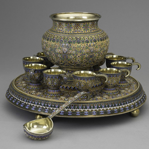 Russian enameled gilt silver punch set. Realized: $52,700. Image courtesy of Rago Arts and Auction Center.