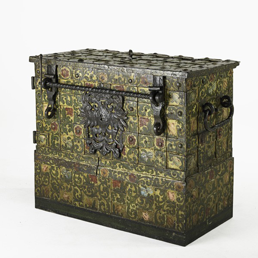 German iron valuables trunk, 18th century, paint decorated. Realized: $9,300. Image courtesy of Rago Arts and Auction Center.