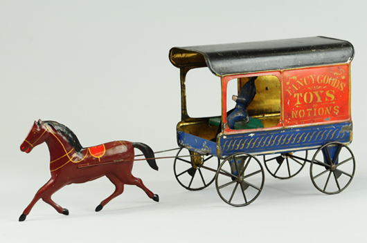 Circa-1870s Fallows American hand-painted tin wagon advertising ‘Fancy Goods, Toys & Notions,’ $10,350. Bertoia Auctions image.