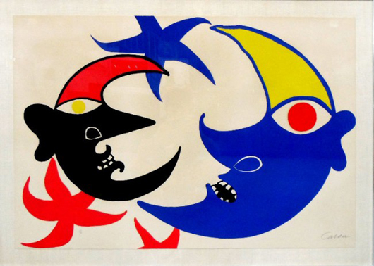 Alexander Calder lithograph of two moons, pencil numbered 49/75 and pencil signed, 43 1/2 inches x 29 1/2 inches. Estimate: $5,000-$7,000. Image courtesy of Bruce Kodner Galleries.