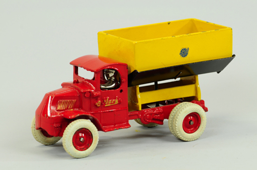 Circa-1932  Arcade cast-iron Mack dump truck, ex Larry Seiber collection, finest of all known examples, $17,250. Bertoia Auctions image.