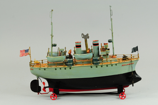 Marklin ‘Avalanche’ tinplate clockwork gunboat, 16 inches long, top lot of the sale, $41,400. Bertoia Auctions image.