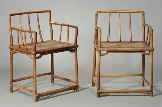 These Haunghuali armchairs with rattan seats, 17th/18th century, sold for $118,500 at Skinner's Asian Works of Art auction. Image courtesy of LiveAuctioneers Archive and Skinner Inc.