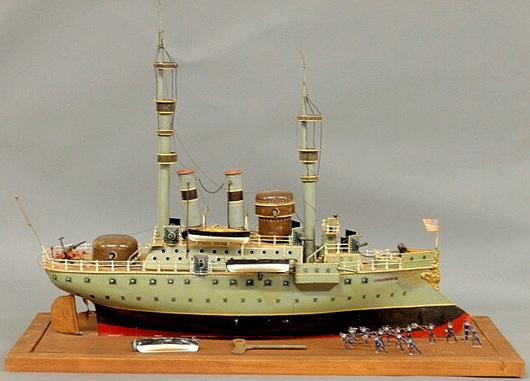 Circa-1900 Marklin Battleship Columbia toy boat, $81,900. Image courtesy of LiveAuctioneers.com and Wiederseim Associates Inc.