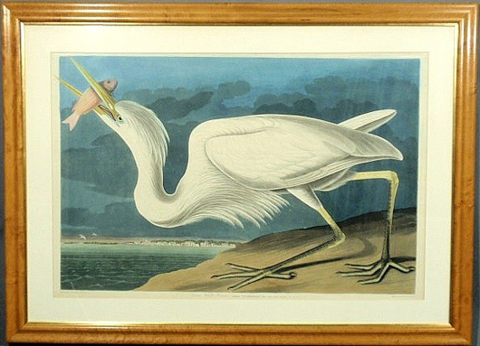 Audubon Elephant Folio “Great White Heron,” engraved, printed and colored by R. Havell, 1835, $17,550. Image courtesy of LiveAuctioneers.com and Wiederseim Associates Inc.