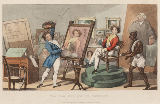 'Tom Raw sits for his portrait,' aquatint after Sir Charles D’Oyly, (private collection) included in the current George Chinnery exhibition at Asia House, London until Jan. 21. Image courtesy Asia House, London.