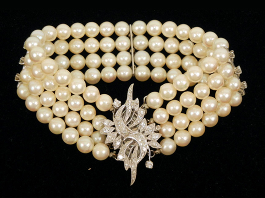 From a Philadelphia-area estate, a quadruple-strand pearl and diamond bracelet. Stephenson’s Auctioneers image.