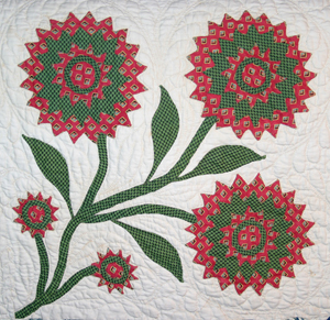 Detail from a Northern Shenandoah Valley appliquéd quilt with double chintz border, circa 1850. Collection of Beverley A. & Jeffrey S. Evans.