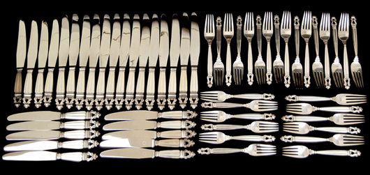 A selection of forks and knives from a Georg Jensen sterling silver flatware service, Acorn pattern, numbering more than 200 pieces, including serving and accessory pieces. Stephenson’s Auctioneers image.