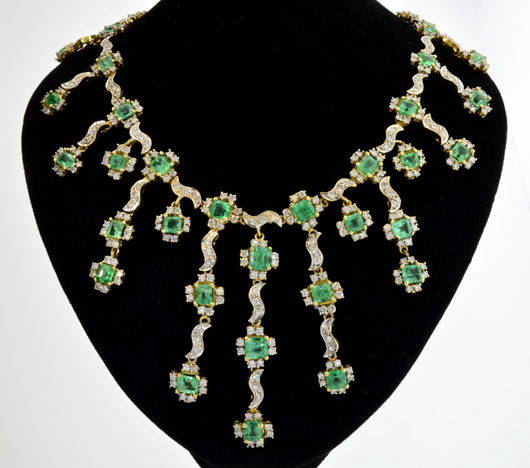 18K yellow and white gold necklace with 35 emeralds weighing 19.02 carats and 288 diamonds weighing 7.20 carats. Estimate $43,000-$86,000. Government Auction image.