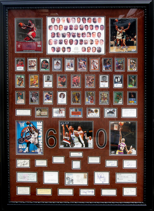 Collage representing the NBA’s 60 Greatest Players, with autographs, photos and collector cards for each athlete, est. $14,997-$29,994. Government Auction image.