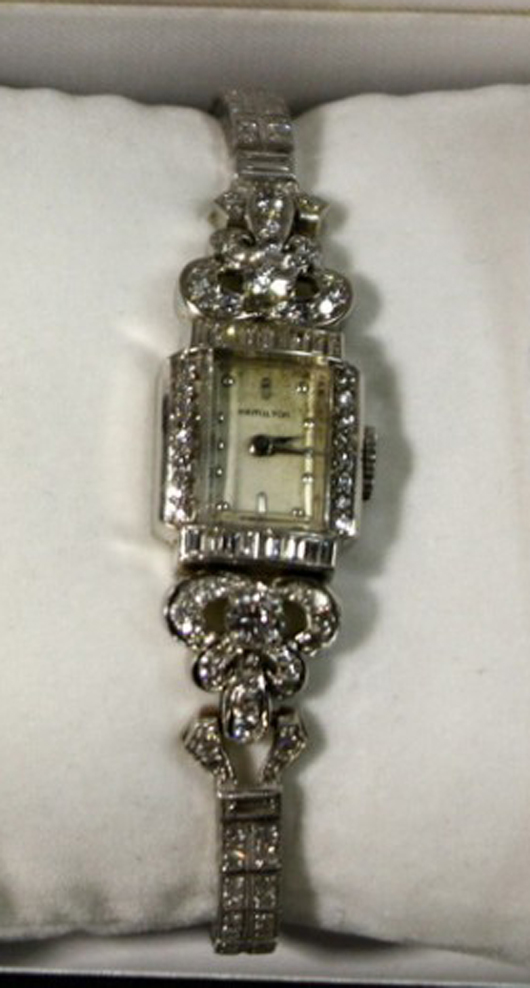 Vintage platinum and diamond Hamilton ladies watch 3.18-carat diamonds are VS2 and G-H color with appraisal of $12,000. Estimate: $2,000-$3,000. Image courtesy of Saco River Auction Co.
