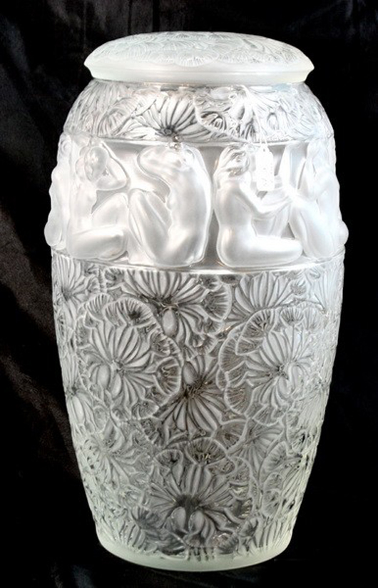 Lalique Angelique covered jar,  21inches high x 12 inches diameter, nudes, signed inside cover ‘#54.’ Estimate: $10,000-$20,000. Image courtesy of Saco River Auction Co.   