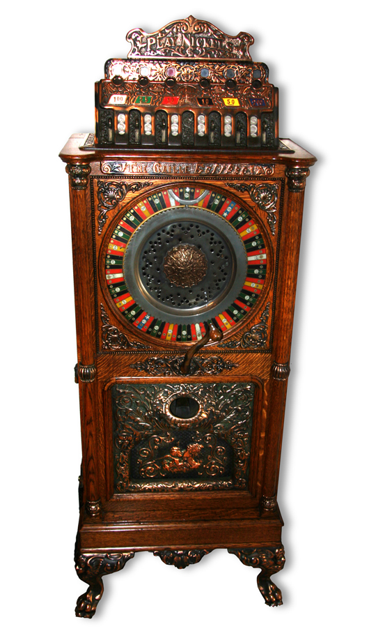 Caille upright 5-cent slot machine with ornate copper decoration, paw feet. Estimate $66,000-$132,000. Government Auction image.