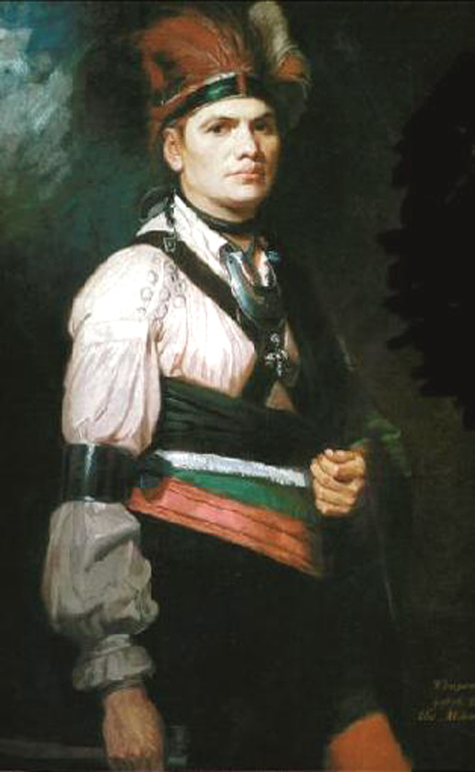 Mohawk leader Joseph Brant was painted in London by leading court painter George Romney. Image courtesy of Wikimedia Commons.