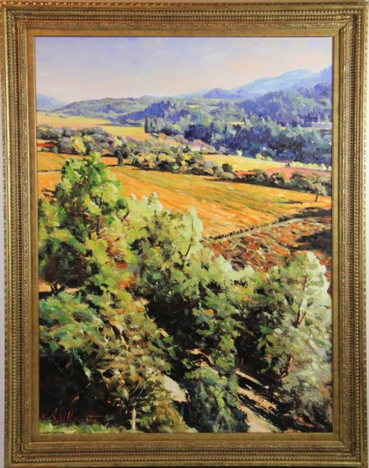 Altino Villasante (Peru, b. 1963), ‘Valley Fields,’ oil on canvas, signed at lower left, framed, overall 46 x 36 inches. Estimate: $800-$12,000. Image courtesy of Leland Little Auction & Estate Sales.   