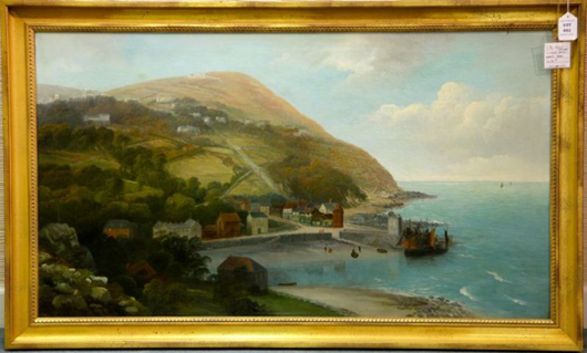 ‘Lynmouth, Devon’ oil on canvas, lined, British, 19th century, signed ‘Allen’ lower left, depicting a seaside village with ships and figures, in a contemporary gilt frame, overall 28 x 46 1/2 inches. Estimate:  $1,500-$2,000. Image courtesy of Leland Little Auction & Estate Sales.