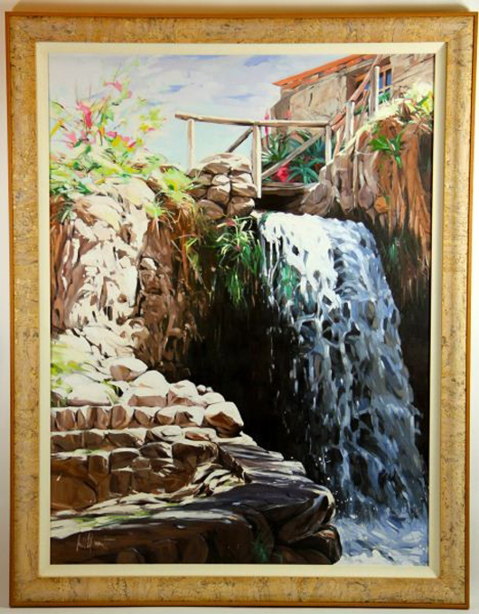 Altino Villasante (Peru, b. 1963), ‘The Waterfall,’ oil on canvas, signed at lower left, framed with linen liner and wood frame, 45 1/2 x 35 1/2 inches. Estimate: $800-$1,200. Image courtesy of Leland Little Auction & Estate Sales. 