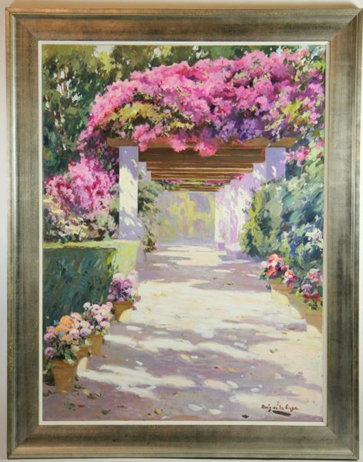 Angel Ruiz de la Casa (Spanish, 20th century), ‘The Arbor,’ oil on canvas, signed at lower right, silver leaf frame with linen liner, overall  47 x 37 inches. Estimate: $700-$1,200. Image courtesy of Leland Little Auction & Estate Sales.
