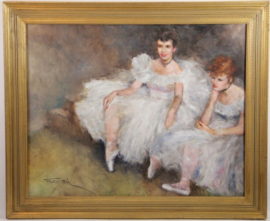 Pal Fried (Hungarian American, 1893-1776), ‘Two Ballerinas,’ oil on canvas, framed, overall 29 1/2 x 35 1/2 inches. Estimate: $800-$1,200. Image courtesy of Leland Little Auction & Estate Sales.