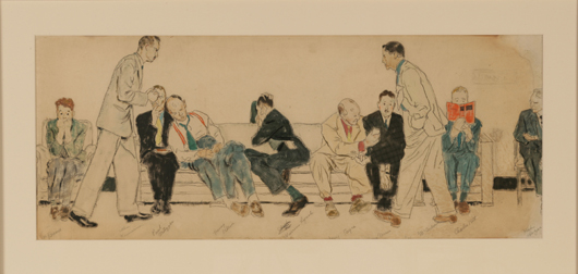 Norman Rockwell (American, 1894-1978), ‘A Study for Maternity Waiting Room,’ charcoal and pencil on paper, 24 x 34 in. (sight). Est. $40,000-$80,000. Image courtesy of Keno Auctions.