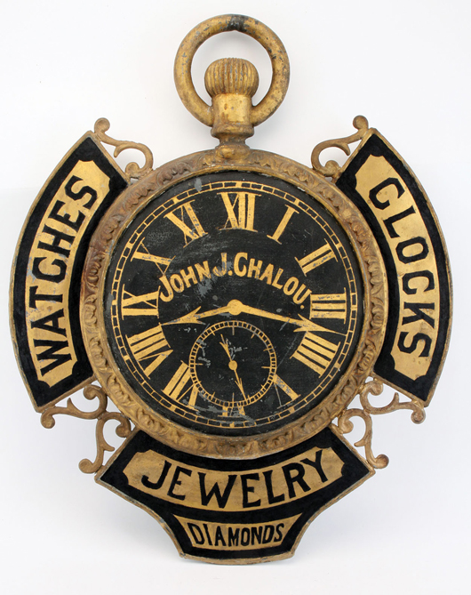 Elaborate watchmaker’s trade sign of cast and sheet metal, 32 inches tall by 26 inches wide, $11,500. Noel Barrett Auctions image.