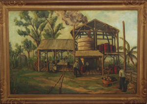 Massachusetts artist May Spear Clinedinst (1887-1960) depicted a Florida sugar cane processing plant in this large oil painting on canvas. Image courtesy of LiveAuctioneers.com Archive and Myers Fine Art.