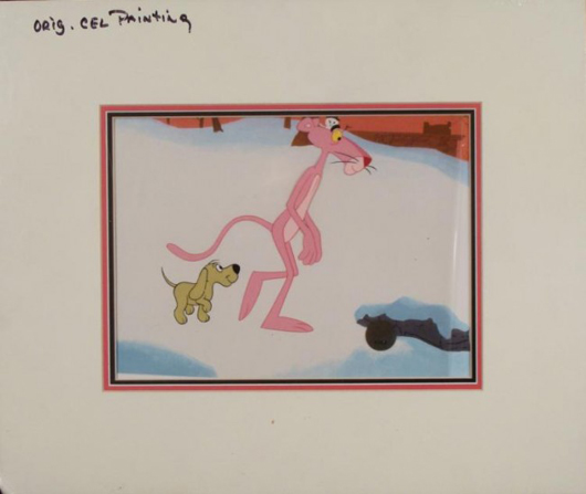 Pink Panther original animation cel used in the production of ‘The Pink Panther Show,’ 1970s, image 11 1/2 x 8 1/4 inches. Estimate: $250-$380. Image courtesy of Universal Live.