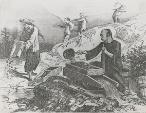 Illustration of Chinese gold miners in California during the 19th century, from the book Chinese, Gold Mining in California, from the Roy D. Graves (1889-1971) pictorial collection, The Bancroft Library, University of California, Berkeley.