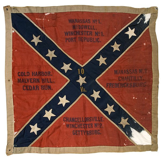 Civil War flag from 10th Virginia Infantry, Army of Northern Virginia, produced August 1863, from the Archive of J.G. Miller, auctioned Dec. 4, 2008 at Cowan's Auctions for $435,500. Image courtesy of LiveAuctioneers.com Archive and Cowan's Auctions Inc., Cincinnati.