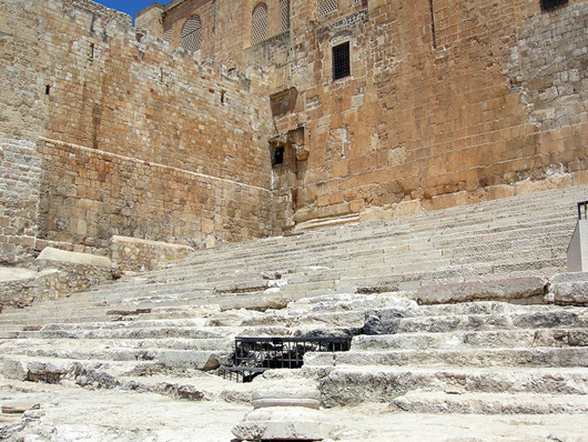 Remnants of the First Century Stairs of Ascent, discovered by archaeologist Benjamin Mazar, leading to the entrance of the courtyard, Temple Mount, Jerusalem. Pilgrims coming to make sacrifices at the temple would have entered and exited by this stairway. Photo by Mark A. Wilson, Dept. of Geology, The College of Wooster.
