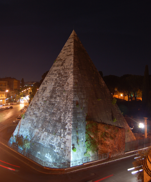 The pyramid of Caius Cestius is on a thoroughfare in the south side of old Rome. This file is licensed under the Creative Commons Attribution-Share Alike 3.0 Unported license.