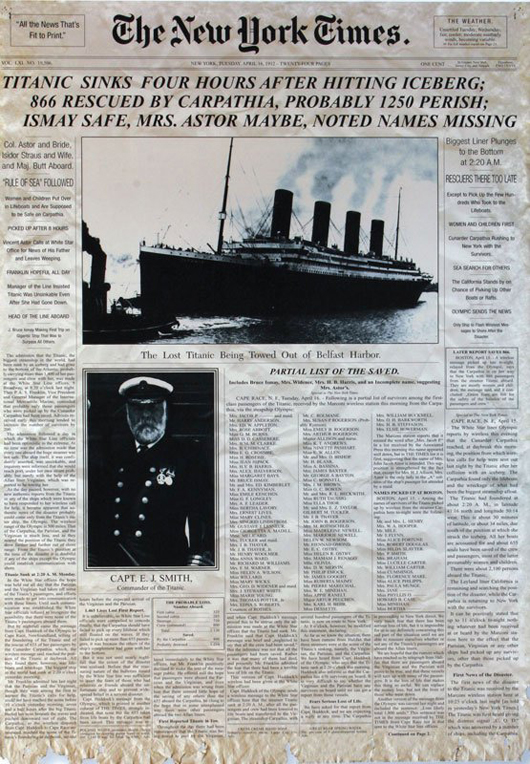 The April 16, 1912, issue of 'New York Times' pictured the Titanic and her captain on the front page. Image courtesy of LiveAucitoneers.com Archive and Guernsey's. 
