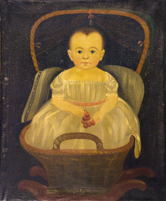 Prior-Hamlin School Eleanor Maria Doane in rocking basket holding cherries, fetched $142,600. Image courtesy of Keno Auctions.