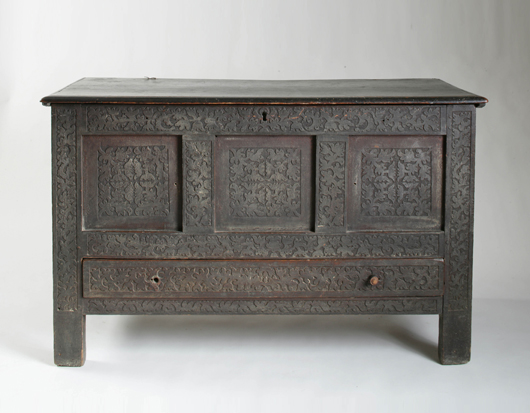The top lot of Keno’s Americana sale was this exceptional 17th- century Drake family carved and painted joined chest with drawer that realized $632,400, setting a world auction record for a 17th-century joined chest. Image courtesy of Keno Auctions.  