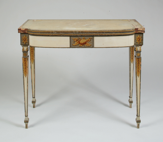 Another highlight of the sale included a fancy painted and gilt card table attributed to Thomas Seymour, which sold to a private New England collector for $347,200. Image courtesy of Keno Auctions.