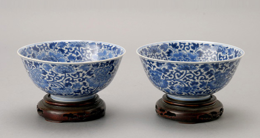 Pair of blue and white porcelain bowls, Kangxi marks and of the period, sold for $23,400. Image courtesy of Michaan's Auctions.