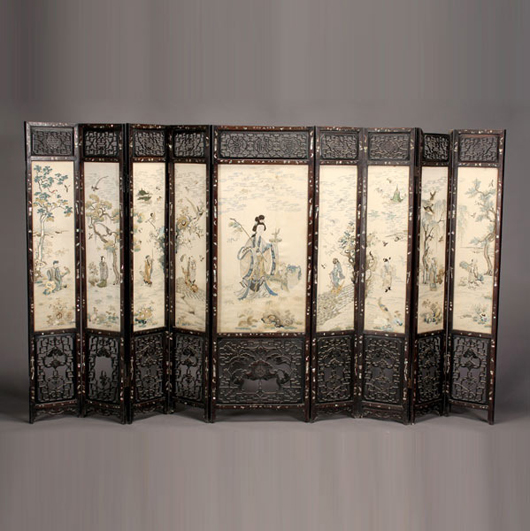 Hardwood folding floor screen with embroidered panels and inlays, late Qing dynasty, sold for $58,500. Image courtesy of Michaan's Auctions.