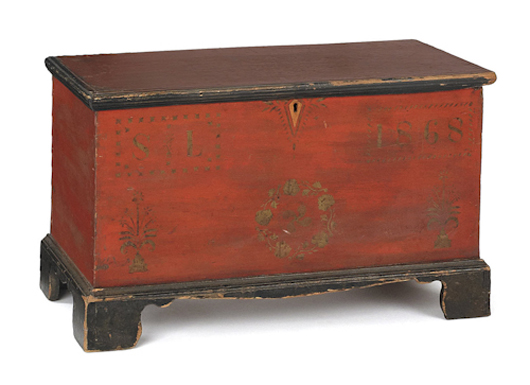 Soap Hollow miniature painted blanket chest dated 1868, with stencil decoration on a salmon ground. Estimate: $4,000-$8,000. Image courtesy of Pook & Pook Inc. 