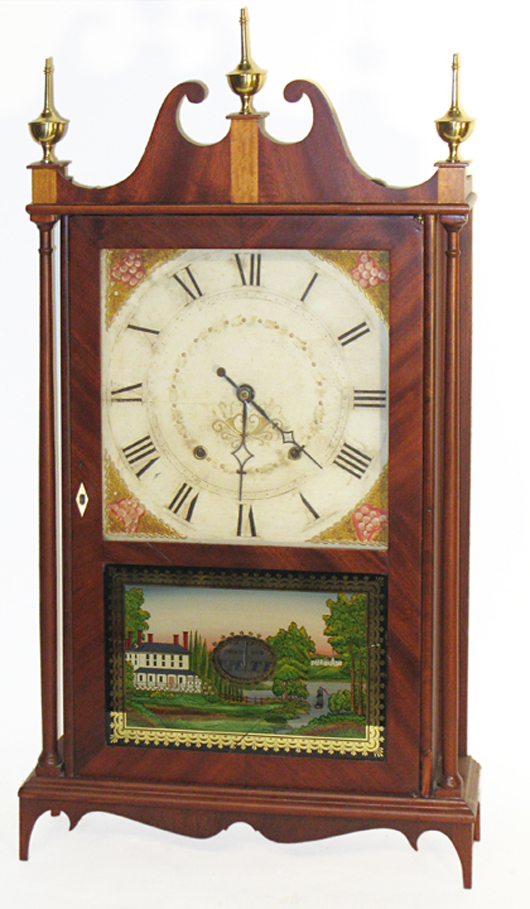 Important pillar and scroll clock with label identifying the maker as Seth Thomas, which sold for $5,474. Image courtesy of Gordon S. Converse & Co.   