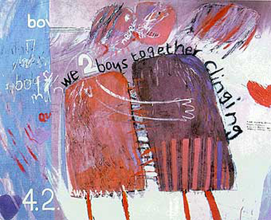 A work typical of David Hockney's style is the 1961 oil on board titled 'We Two Boys Together Clinging.' Fair use of copyrighted low-resolution image used to demonstrate Hockney's artistic genre.