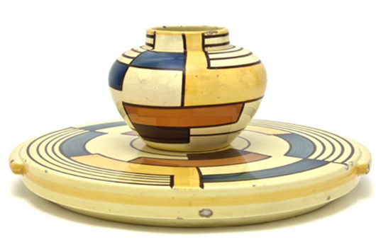 Two Schramberg majolica designs by Eva Zeisel, Mondrian pattern, to be auctioned Jan. 11 at Leslie Hindman's gallery in Chicago. Est. $300-$500. Image courtesy of LiveAuctioneers.com and Leslie Hindman Auctioneers.