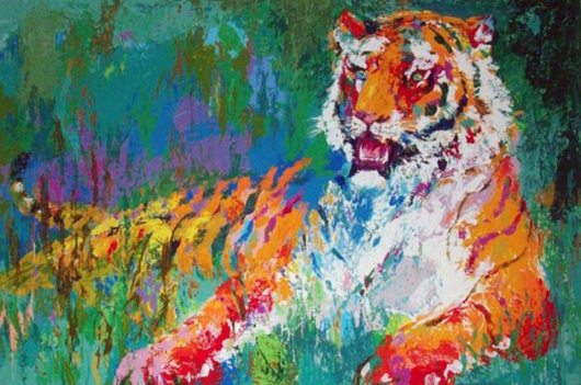 LeRoy Neiman signed golf art serigraph on paper, ‘Resting Tiger,’ 32 1/4 x 44 inches, signed by the artist, 2008. Estimate: $11,300-$14,120. Image courtesy of Universal Live.