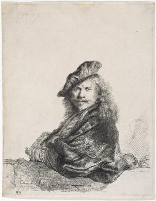Rembrandt self-portrait, original etching, signed and dated 1639, 8 5/16 inches x 6 1/2 inches. Estimate: $145,000-$150,000. Image courtesy of Universal Live.